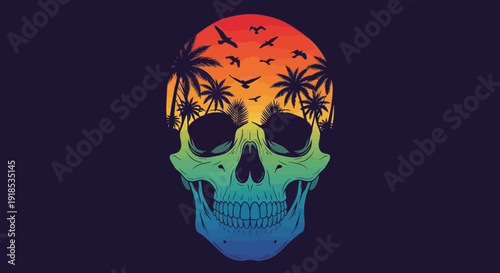 skull sunset palm trees, colorful gradient art