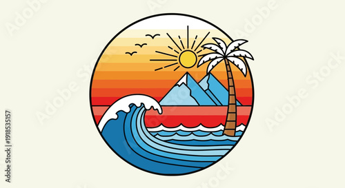 retro beach scene illustration, sunset, waves, palm tree, summer vacation