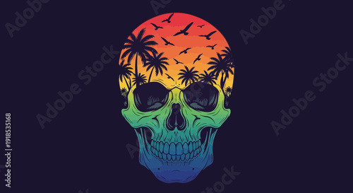 skull sunset palm trees, colorful art illustration
