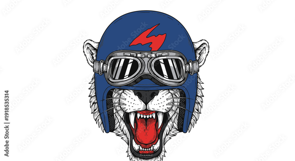 Fototapeta premium tiger wearing helmet, vintage illustration, animal portrait