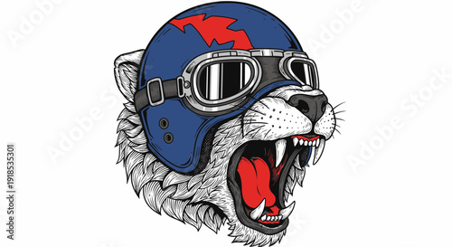 roaring tiger wearing helmet, vintage illustration