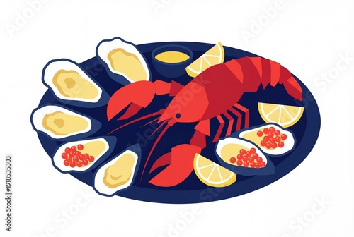 Vibrant red lobster on a dark blue plate with lemon and eggs.