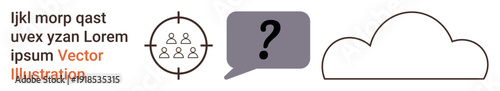 Marketing, digital services, data storage, problem-solving, communication, online cloud systems. a target, speech bubble with a question mark and a cloud. Marketing and communication illustrated