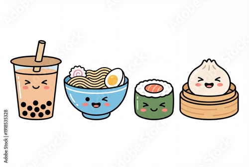 Assorted Asian food items with smiling faces on a white background.