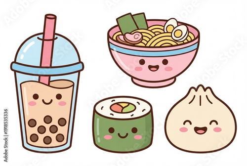 Cartoon Asian Food and Drinks Set with Smiling Faces.