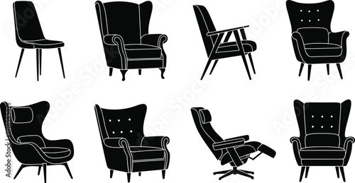 Black vector silhouette set of various modern armchairs including wingback chairs mid century designs and recliners for home decor and interior furniture industry branding (24 words)