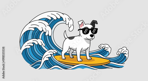 dog surfing wave, summer fun, beach vacation, sunglasses
