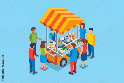 Vibrant Street Food Cart Scene with Customers and Vendors.