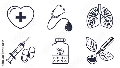 Medical & Healthcare Line Art Icons Set: Heart, Stethoscope, Lungs, Syringe, Pills, Wellness, Thermometer. Essential Vector Collection for Health, Pharmacy & Care.