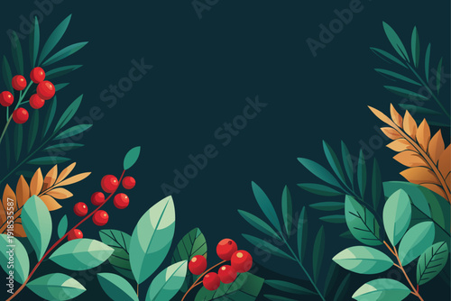 Vibrant mixed greenery border bursting with holiday berries, a beautiful vector element for seasonal celebrations.