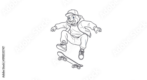 bear skateboarding, cartoon character, action, black and white illustration