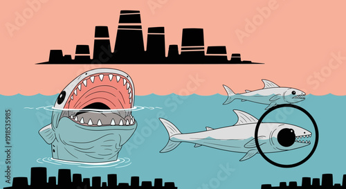 shark attack in city, illustration of ocean life
