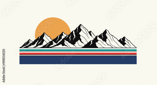 mountain range with sun, retro design, outdoor adventure