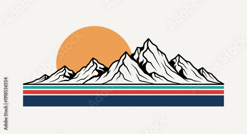 mountain range silhouette with sunset and retro stripes