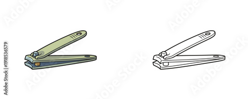 Nail clippers in flat and line art styles with metal body and gray finish on white background for manicure pedicure or grooming health concepts
