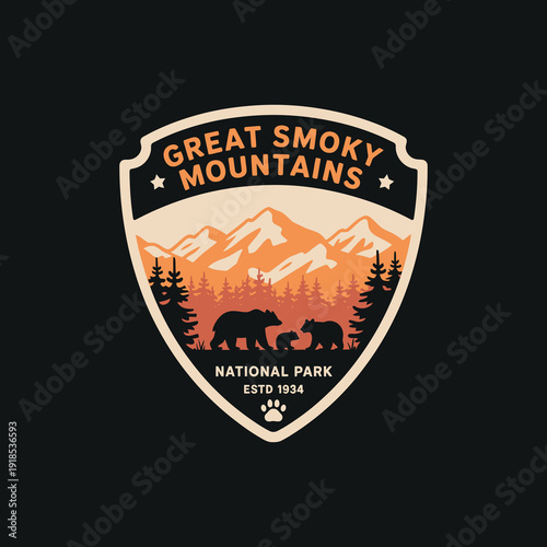 Great smoky mountains national park emblem with bear family and forest landscape, adventure badge outdoor logo design vector