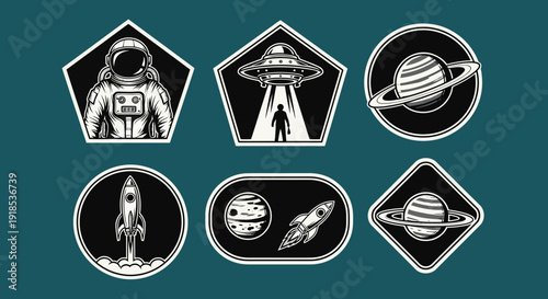 space sticker set, astronaut, ufo, planets, rocket, black and white