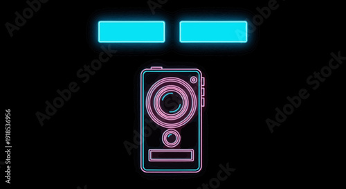 neon camera illustration, digital art, technology concept