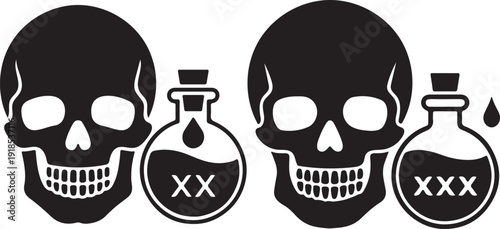 Skull and poison bottle icon set. Includes two distinct skull symbols and two different poison bottles with 'XX' and 'XXX' labels. Created in a flat black and white vector style.