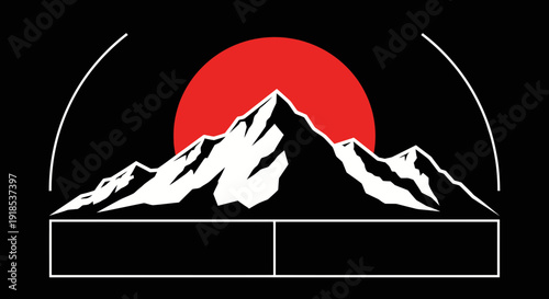 mountain range silhouette red sun logo design, black background