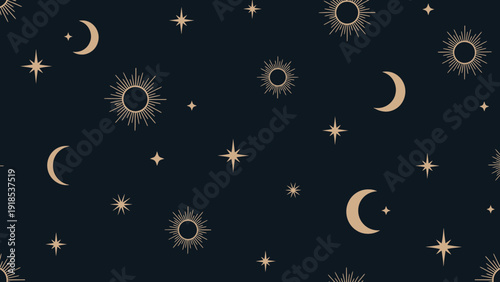 Celestial Pattern: Golden Moons, Stars, and Suns on Dark Blue Background