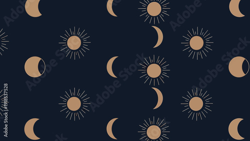 Celestial Sun Moon Phases Seamless Pattern - Mystical Cosmic Background