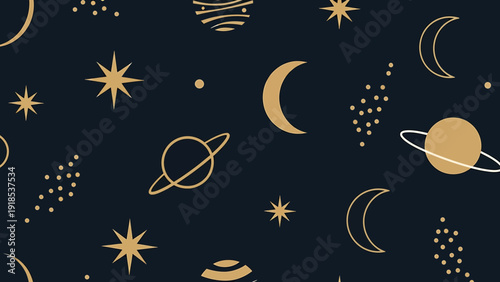 Cosmic Night Sky Pattern: Golden Moons, Stars, Planets & Nebula on Dark Blue
