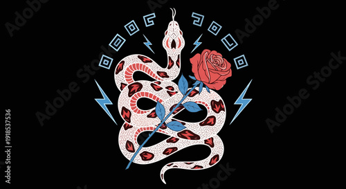 snake rose tattoo design, illustration, vintage style, black background