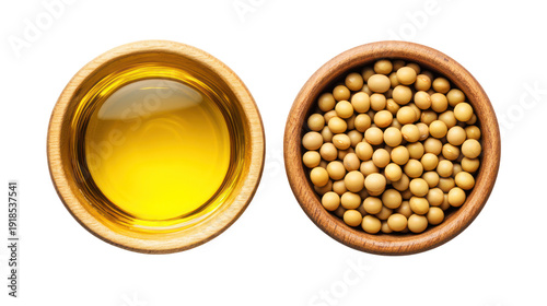 Two wooden bowls one with soybeans and the other with oil on transparent background