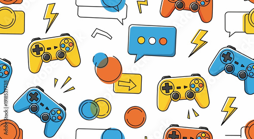 seamless gaming pattern, colorful gamepads and speech bubbles