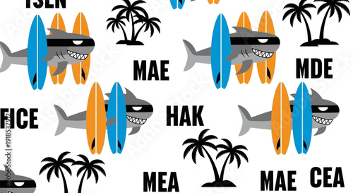 shark surfing pattern, summer vibes, beach theme, surfboard design