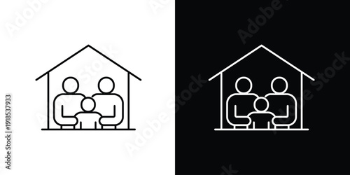 Minimalist Line Art Icon Depicting a Family Unit Inside a House, Symbolizing Home, Safety, Security, and Protection for Loved Ones