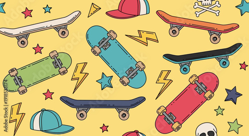 skateboards pattern on yellow background, skateboard illustration