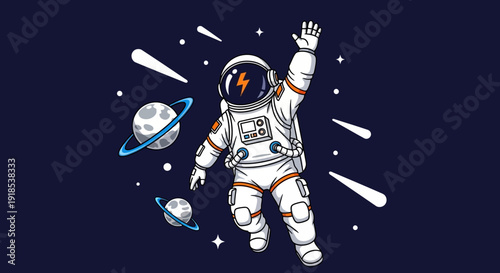 Astronaut in space with planets and stars, cartoon illustration