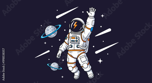 Astronaut in space with planets and stars, cartoon illustration