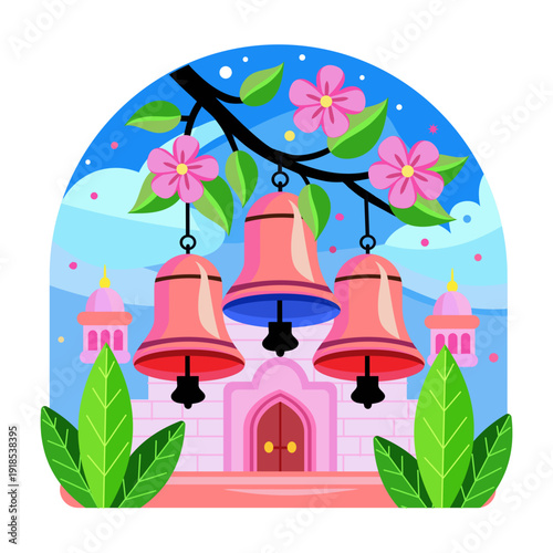 An illustration showing church bells designed in flat style