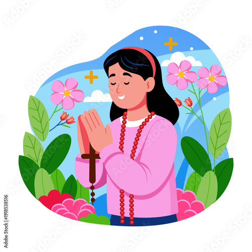 Bild auf Leinwand An illustration showing girl praying designed in flat style