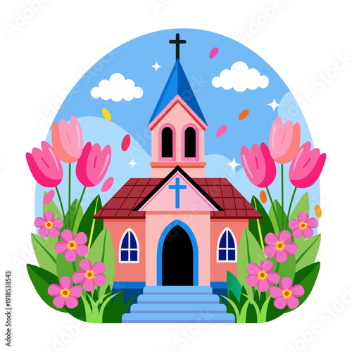 A flat style illustration of a chapel