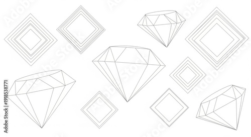 Geometric diamond shapes in various sizes and orientations on white background