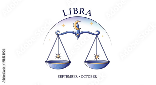 Libra zodiac sign scales with crescent moon and stars on white background
