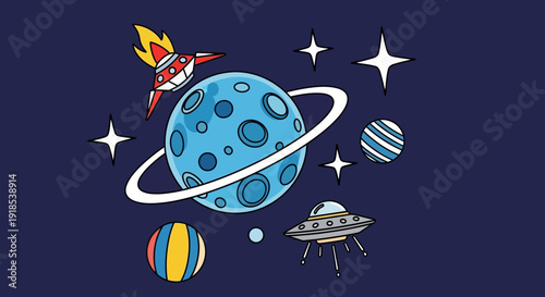space adventure illustration, planets, rocket ship, ufo, stars, galaxy, cartoon
