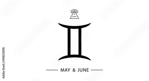 Zodiac gemini symbol with may june text and triangle design element on white background