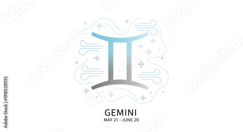 Gemini zodiac sign symbol with blue and gray gradient lines and stars on white background