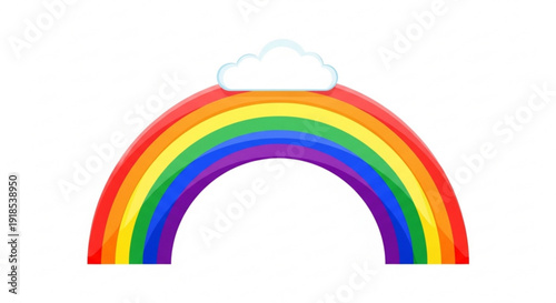 Vibrant rainbow with white cloud on top colorful arc against plain white background symbolizing hope and diversity in a simple graphic style