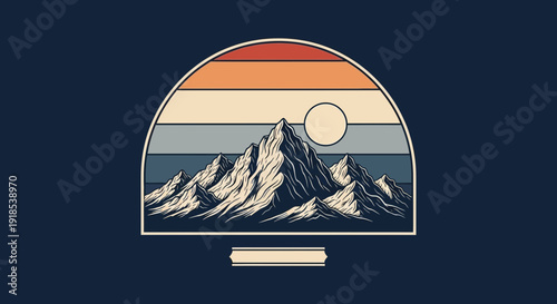 vintage mountain landscape sunset design, retro nature illustration