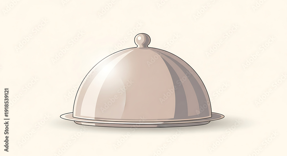 Obraz premium Elegant silver cloche and serving plate illustration, symbolizing fine dining and the anticipation of a gourmet meal. Perfect for culinary presentations and restaurant branding