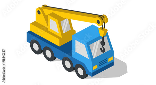 Blue and yellow construction crane truck isometric illustration.