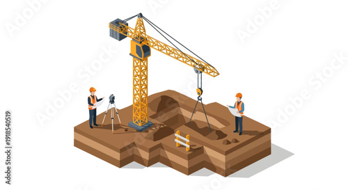 Construction Site with Crane and Workers Building Foundation.