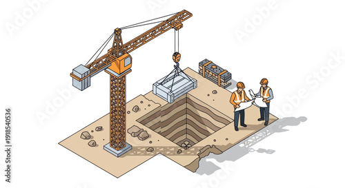Construction site with crane and workers overseeing excavation.