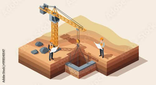 Construction site with crane and workers digging foundation.